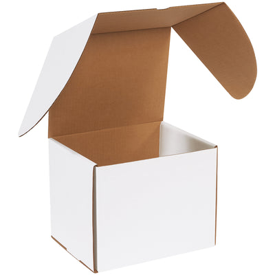Ship with confidence using these 9.5x8x8 white outside tuck mailers. Featuring secure front lock tabs and triple-wall protection on 3 sides, they deliver professional presentation without interfering with your contents. Bundle of 25 strong ECT-32-B corrugated boxes ships and stores flat.