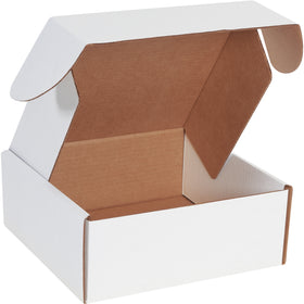 Professional 10x10x4 white corrugated literature mailers designed for e-commerce brands shipping documents, catalogs, and marketing materials. Features protective side flaps, front-locking tabs, and crush-resistant ECT-32-B construction. Assembles in seconds without tape, glue, or staples‚50 boxes per bundle.