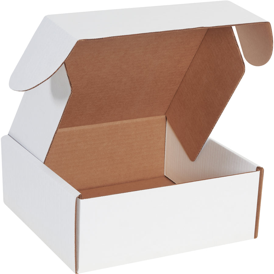 Professional 10x10x4 white corrugated literature mailers designed for e-commerce brands shipping documents, catalogs, and marketing materials. Features protective side flaps, front-locking tabs, and crush-resistant ECT-32-B construction. Assembles in seconds without tape, glue, or staples‚50 boxes per bundle.