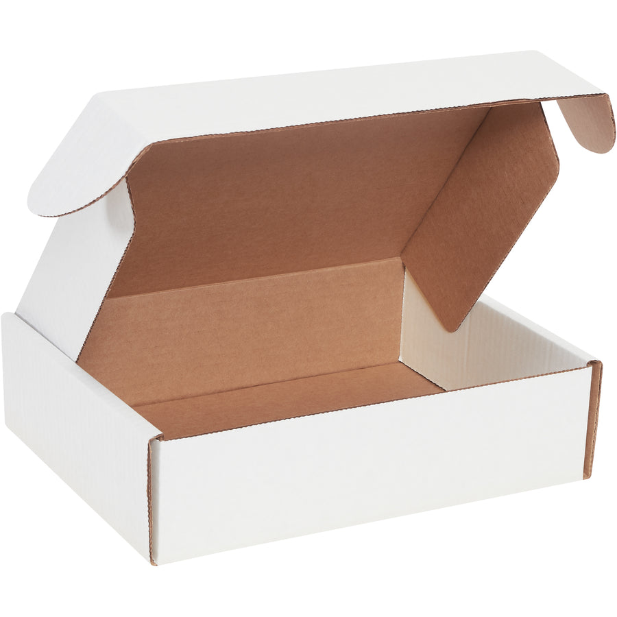 Professional-grade white corrugated literature mailers with front locking tabs and protective side flaps for maximum document protection. Constructed from strong ECT-32-B material and assembles in seconds without tape, glue, or staples. Bundle of 50 deluxe mailers designed for e-commerce brands requiring crush-resistant shipping solutions.