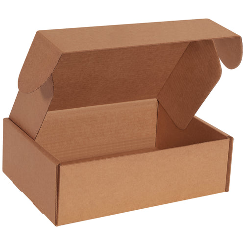 Professional 12x10x4 kraft deluxe literature mailers designed for e-commerce brands shipping documents, catalogs, and marketing materials. Featuring protective side flaps and front tuck closure for maximum protection without tape or glue. Sold as a bundle of 50 crush-resistant corrugated boxes.