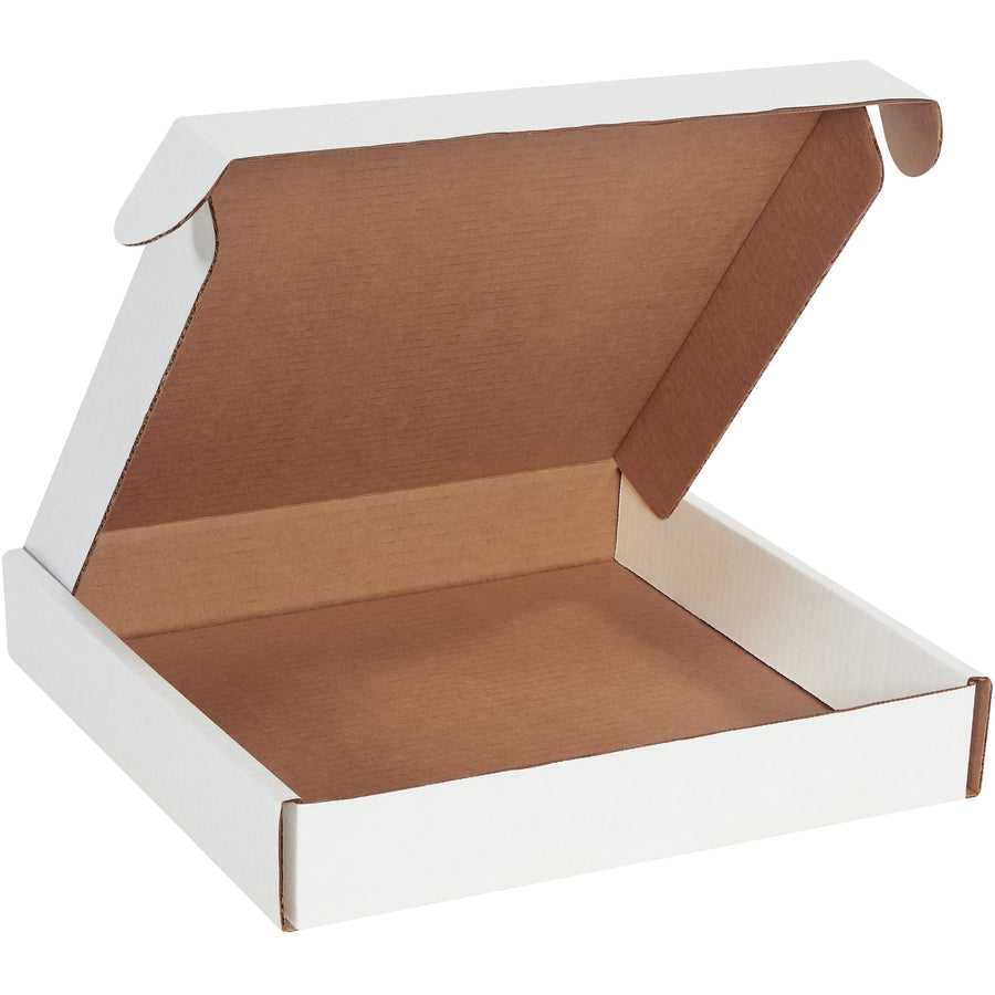 Professional 12x12x2 deluxe white literature mailers featuring protective side flaps and front locking tabs for maximum document security. Built from ECT-32-B corrugated material with superior crush resistance and stacking strength. Assembles in seconds without tape, glue, or staples‚perfect for e-commerce brands shipping catalogs, samples, and important documents. Sold as a bundle of 50 boxes.