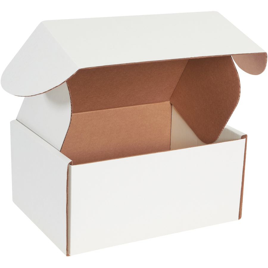 Professional white deluxe literature mailers with protective side flaps and front-locking tabs that assemble in seconds without tape or glue. ECT-32-B corrugated construction delivers crush resistance and maximum stacking strength. Sold as a bundle of 50 (12 1/8" x 9 1/4" x 6").
