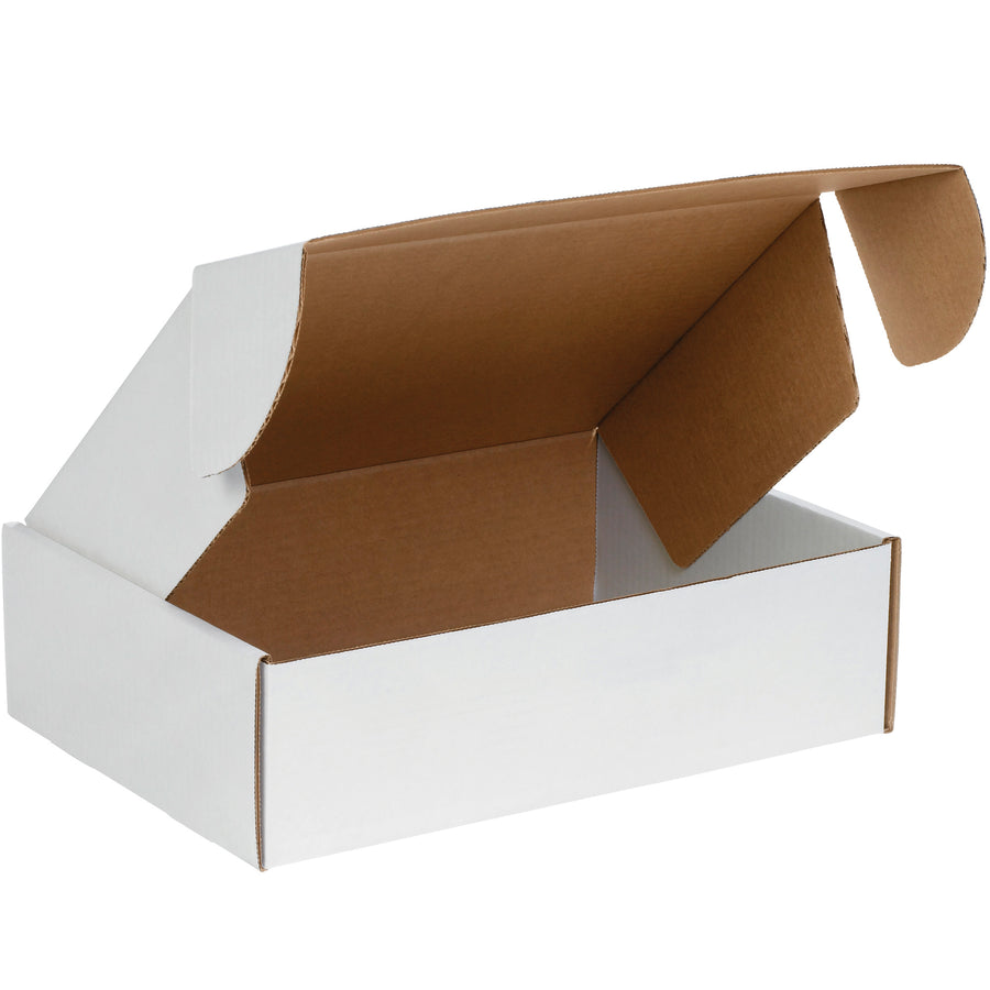 Protect important documents with crush-resistant 14x10x4 white deluxe literature mailers engineered for e-commerce brands. ECT-32-B corrugated construction with reinforced side flaps and front locking tabs assembles in seconds–no tape, glue, or staples required. Bundle of 50 mailers ready to ship.