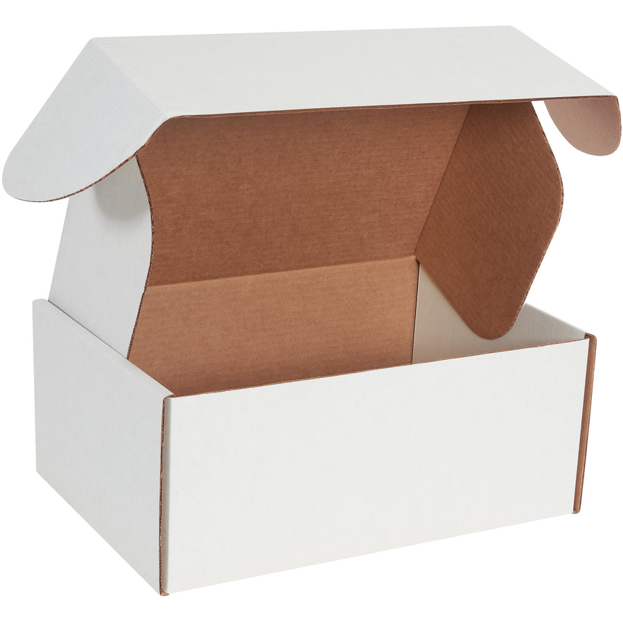Professional-grade 14x10x6 white corrugated literature mailers deliver crush-resistant protection with zero assembly hassle. Features front locking tabs, side flaps for stacking strength, and self-sealing tuck closure–no tape, glue, or staples required. Sold in bundles of 50.