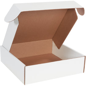 Professional 14" x 14" x 4" white corrugated literature mailers with self-sealing front locking tabs and protective side flaps for maximum crush resistance. ECT-32-B strength material assembles tape-free in seconds. Bundle of 50 boxes perfect for e-commerce brands shipping catalogs, documents, and flat-pack items.