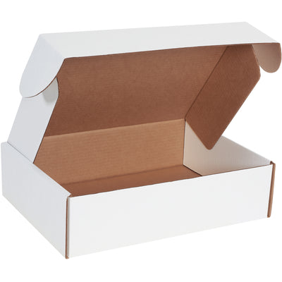 Professional-grade deluxe white literature mailers designed for e-commerce brands shipping documents, catalogs, and promotional materials. Features protective side flaps, front locking tabs, and ECT-32-B corrugated construction for maximum crush resistance. Assembles in seconds without tape, glue, or staples‚50 mailers per bundle.