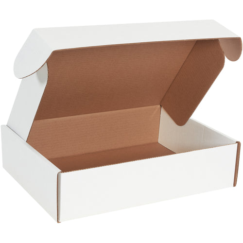Professional 16x12x4 deluxe white corrugated literature mailers featuring self-sealing front locking tabs and protective side flaps for maximum document protection. ECT-32-B construction delivers crush resistance and superior stacking strength. Assembles instantly without tape, glue, or staples–sold as a bundle of 50.