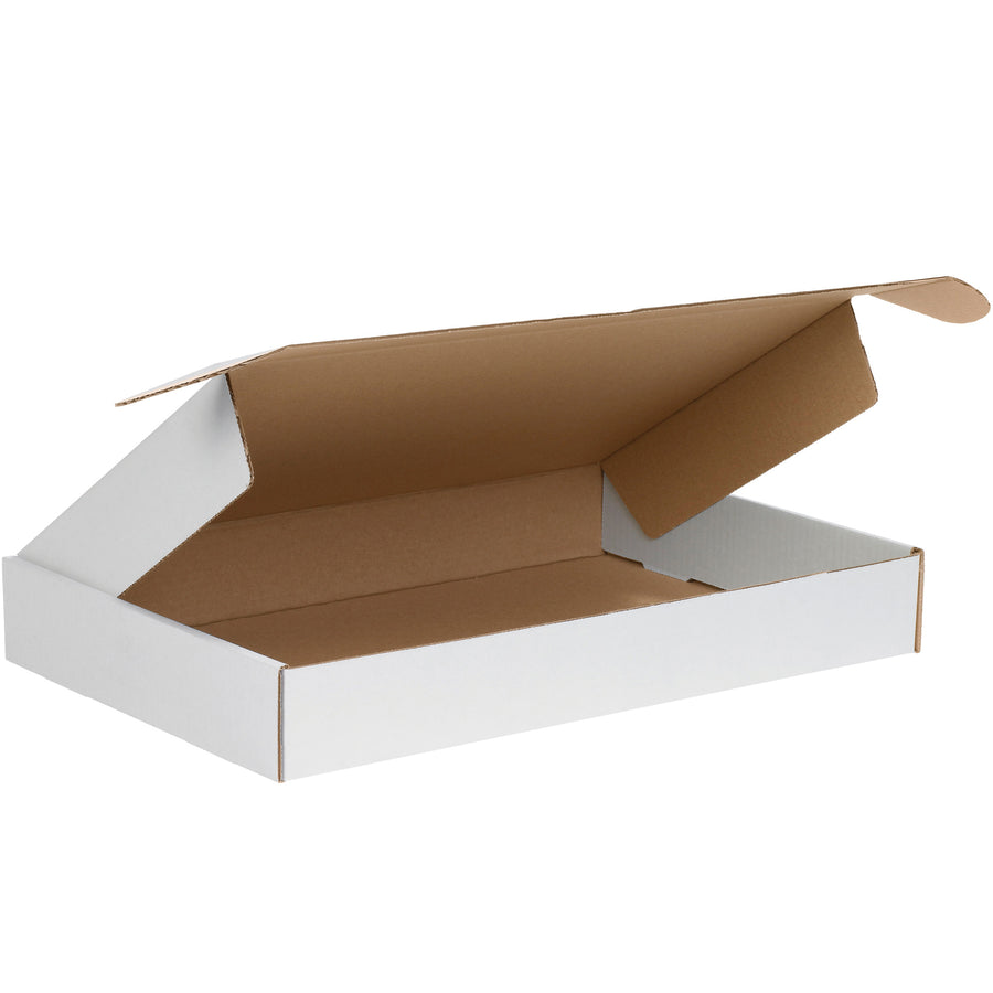 Professional 18x12x2 white corrugated literature mailers designed for e-commerce brands who demand crush-resistant protection. Features front locking tabs, protective side flaps, and ECT-32-B strength–assembles in seconds without tape or tools. 50-pack bundle.