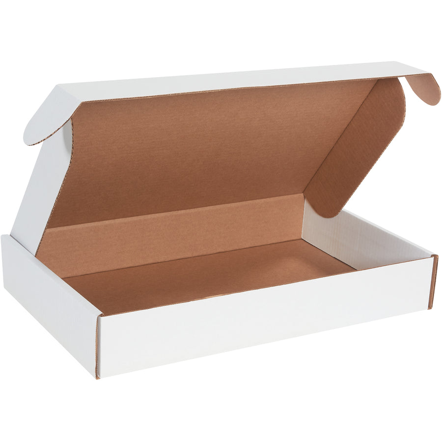 Professional 19x12x3 deluxe white corrugated mailers designed for e-commerce brands shipping documents, catalogs, and marketing materials. ECT-32-B corrugated construction with protective side flaps and front locking tabs provides maximum crush resistance. Tool-free assembly–no tape, glue, or staples required. Sold as bundle of 25.