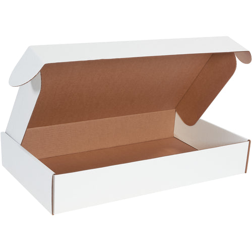 Professional 24x14x4 white deluxe literature mailers designed for e-commerce brands shipping documents and promotional materials. Built from strong ECT-32-B corrugated with protective side flaps and front locking tabs that assemble in seconds–no tape, glue, or staples required. Sold as a bundle of 25 crush-resistant mailer boxes.