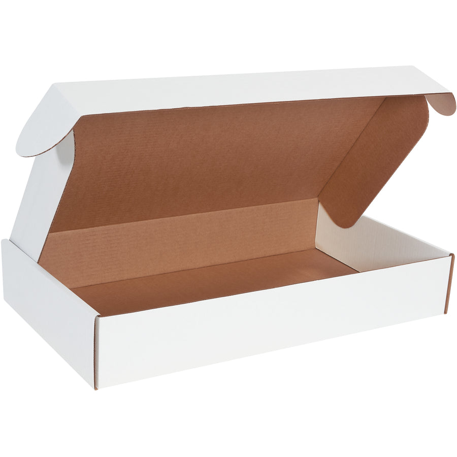 Professional 24x14x4 white deluxe literature mailers designed for e-commerce brands shipping documents and promotional materials. Built from strong ECT-32-B corrugated with protective side flaps and front locking tabs that assemble in seconds–no tape, glue, or staples required. Sold as a bundle of 25 crush-resistant mailer boxes.