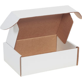 Ship documents with confidence using these 9x6.25x3 deluxe white literature mailers. Made from strong ECT-32-B corrugated with protective side flaps and front locking tabs for maximum document security. Assembles in seconds without tape, glue, or staples–50 boxes per bundle.