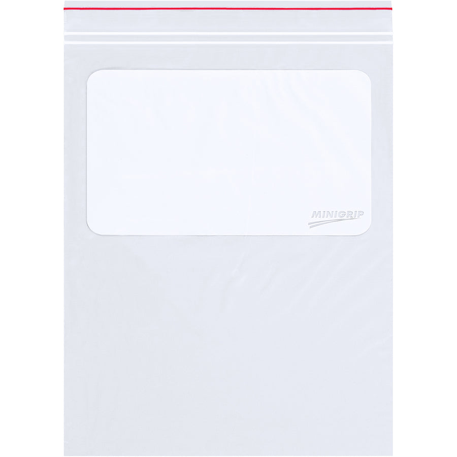 Minigrip® white block reclosable poly bags (3"x5", 2 Mil) with built-in write-on surface–no labels needed. Heavy-duty zipper keeps contents secure and moisture-free. FDA/USDA food-contact approved. Sold by the case (1,000 bags).