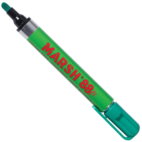 The best-selling Marsh¬Æ 88fx green metal paint markers deliver permanent, weatherproof, fast-drying marks on glass, poly, and non-porous surfaces. Each case contains 12 disposable valve markers with pigmented ink for reliable shipping room and warehouse labeling. Ideal for industrial packaging, compliance marking, and durable identification that resists weather and handling.