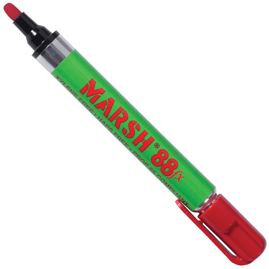 Marsh® 88fx red valve markers deliver permanent, weatherproof marks on glass, poly, and non-porous surfaces in fast-drying pigmented ink. Industrial-grade performance in a disposable design. Sold as case of 12 markers–the go-to choice for shipping rooms and warehouse labeling.