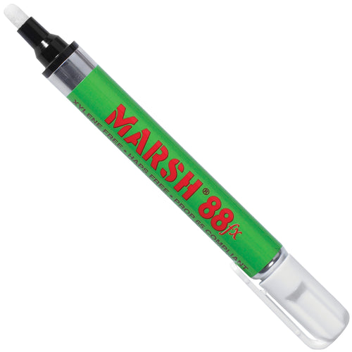 The best-selling Marsh 88fx white paint marker delivers permanent, weatherproof, fast-drying marks on glass, poly, and non-porous surfaces‚perfect for warehouse and shipping room labeling. Featuring pigmented ink for opaque coverage, these disposable valve markers are sold as a case of 12 units and built for industrial durability and compliance.