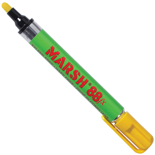 Professional-grade yellow Marsh¬Æ 88fx metal paint markers deliver permanent, weatherproof marks on glass, poly, and non-porous surfaces. Fast-drying pigmented ink formula ensures opaque coverage that resists fading. Sold as case of 12 for shipping rooms and warehouse operations.