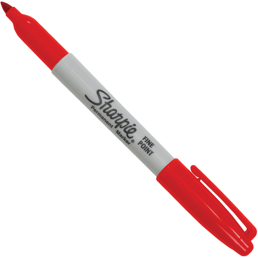 Quick-drying red fine point markers with alcohol-based permanent ink for shipping rooms, warehouses, and industrial applications. Long-lasting performance on labels, CDs, and cardboard. Sold as a case of 12 markers.