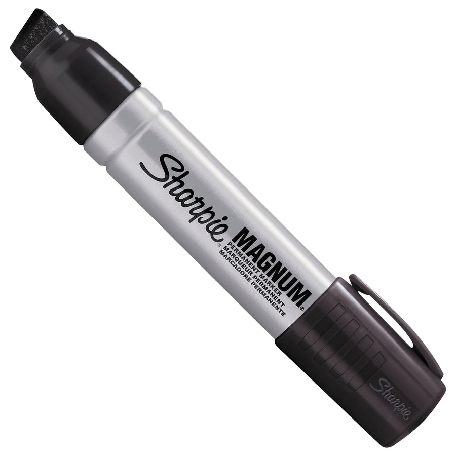 Industrial-grade black Sharpie Magnum markers deliver permanent, water-resistant marking on corrugated, wood, metal, and plastic. Each case contains 12 magnum markers with quick-drying ink that performs on wet and oily surfaces. Essential warehouse supplies for shipping rooms and pallet marking operations.