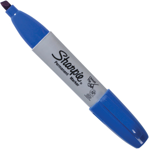 Professional-grade blue Sharpie chisel tip markers deliver permanent, waterproof marking in a convenient case of 12. The anti-roll body design prevents loss in fast-paced shipping rooms and warehouses, while the chisel point creates both broad and fine marks for versatile labeling applications.