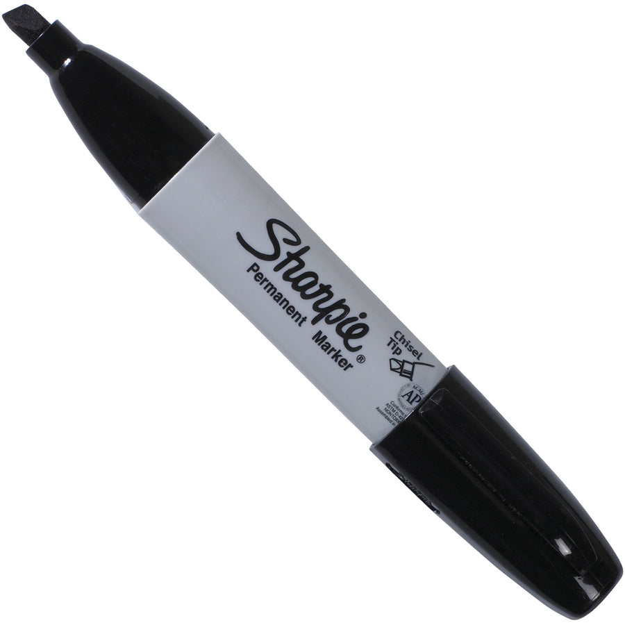 Professional-grade black permanent markers with chisel tip design for broad and fine marking in shipping rooms and warehouses. Fast-drying, waterproof, and smearproof ink resists fading. Anti-roll body keeps markers in place. Sold as case of 12.