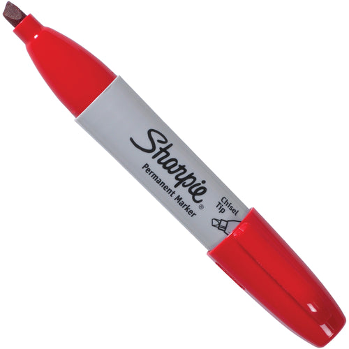Heavy-duty red permanent markers with chisel tip for broad and fine marking in shipping rooms and warehouses. Waterproof, smearproof, and fade-resistant ink dries fast without roll-away accidents. Sold as a case of 12 for reliable inventory control.