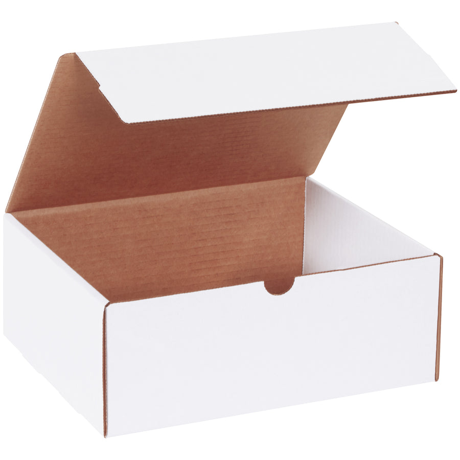 Professional-grade white literature mailer in 10x9x4 dimensions with sturdy ECT-32-B corrugated construction and self-sealing tabs for secure closure. One-piece fold-and-tuck design assembles in seconds without additional supplies or equipment. Sold as a bundle of 50 crush-resistant mailers perfect for e-commerce brands shipping marketing materials, catalogs, and promotional items.