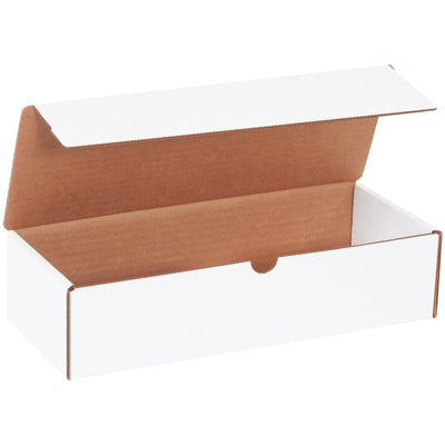 Professional white literature mailers sized 12.5" x 5" x 3" with crush-resistant ECT-32-B corrugated construction. Self-sealing tabs ensure secure closure without additional supplies. Sold as a bundle of 50 for bulk e-commerce shipping needs.