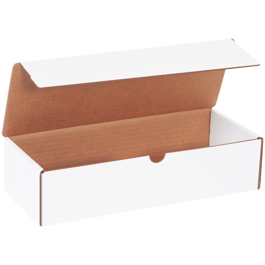 Professional white literature mailers sized 12.5" x 5" x 3" with crush-resistant ECT-32-B corrugated construction. Self-sealing tabs ensure secure closure without additional supplies. Sold as a bundle of 50 for bulk e-commerce shipping needs.
