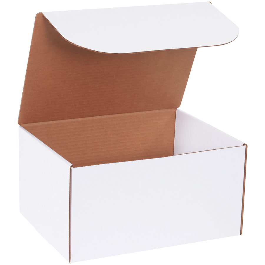 Premium white corrugated literature mailers (12 1/8" x 9 1/4" x 6 1/2") with integrated self-seal tabs for secure, professional product shipments. ECT-32-B crush-resistant construction requires zero additional supplies. Sold in bundles of 50 for cost-effective bulk ordering.