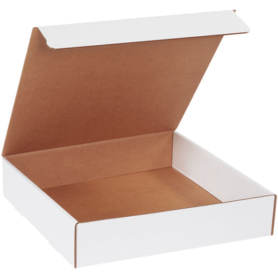 Professional 14x14x3 white literature mailers with snug self-sealing tabs and no assembly required. ECT-32-B corrugated construction provides crush resistance for secure product protection during shipping. Perfect for e-commerce brands seeking cost-effective, branded mailers without custom tooling.