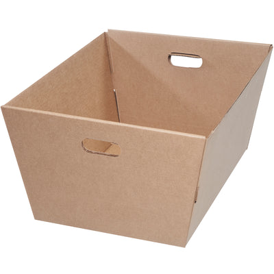 Heavy-duty ECT-44 kraft corrugated totes measuring 25"  19"  12" with reinforced hand holes for secure, ergonomic handling. Nestable design reduces storage footprint when empty. Sold in convenient 25-pack bundles–perfect for warehouse operations and order fulfillment.