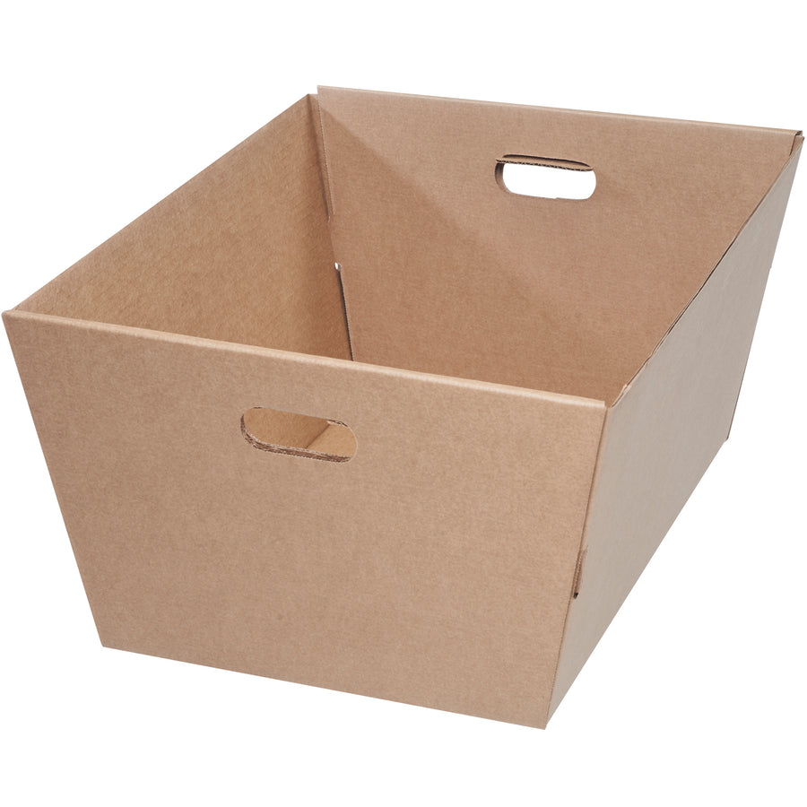 Heavy-duty ECT-44 kraft corrugated totes measuring 25"  19"  12" with reinforced hand holes for secure, ergonomic handling. Nestable design reduces storage footprint when empty. Sold in convenient 25-pack bundles–perfect for warehouse operations and order fulfillment.
