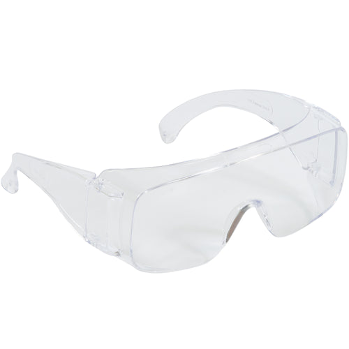 Economical 3M Tour-Guard V safety glasses protect visitors and employees with clear polycarbonate construction and 99.9% UV absorption. ANSI Z87.1 and CSA Z94.3 compliant. Flexible design fits over most prescription eyeglasses. Sold as case of 25 units.