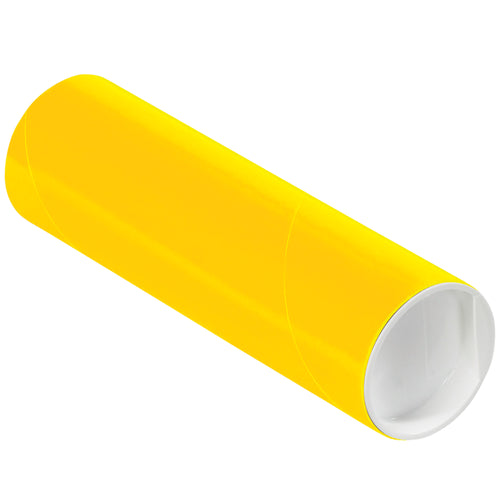 Bright yellow 2x6 mailing tubes with included white plastic caps–ideal for mailrooms, document categorization, and shipping blueprints. Heavy-duty 0.06