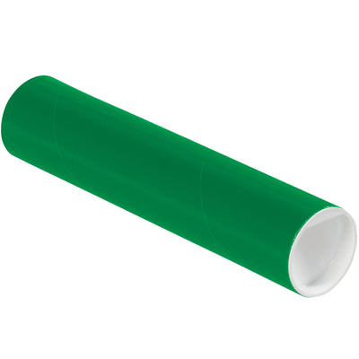 Bright green 2x9" mailing tubes with included white plastic caps seal documents, blueprints, and oversized materials for secure USPS/UPS shipping. Heavy-duty 0.06" thick spiral wound fibreboard construction withstands handling. Sold as case of 50 tubes‚cost-effective solution for high-volume mailrooms and shipping departments.