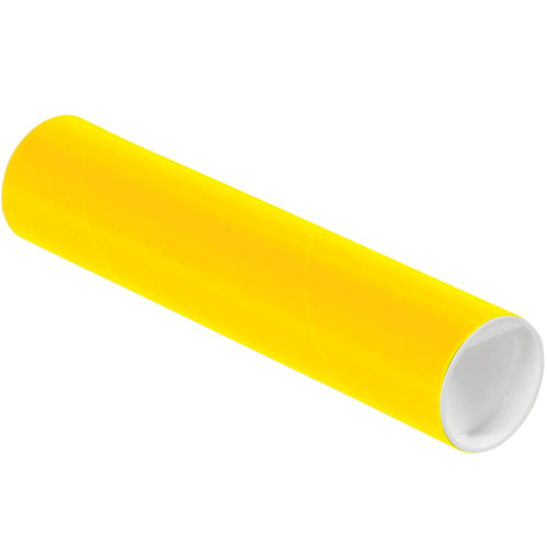 Bright yellow 2x9 cylinder mailers with included white plastic end caps for secure document and poster shipping. Heavy-duty 0.06
