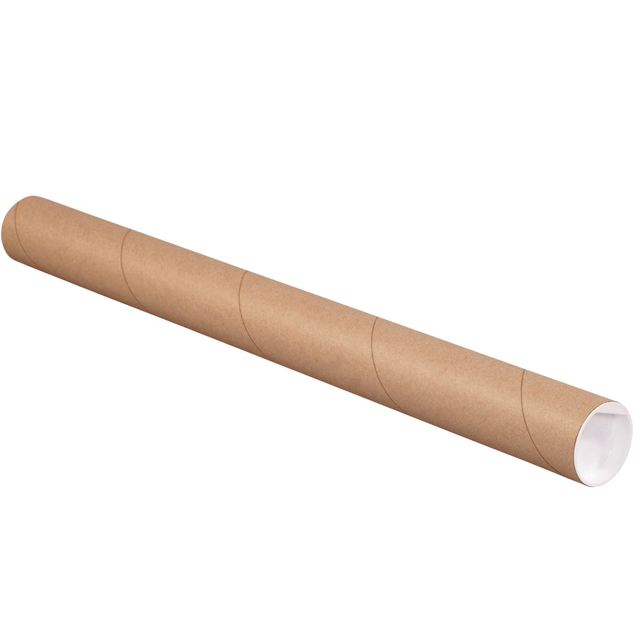 Economical 2x12" kraft mailing tubes designed for secure document, blueprint, and poster shipping. 3-ply spiral wound construction with included white end caps that snap into place and won't pop off during transit. Sold as case of 50 reusable, recyclable tubes‚the cost-effective solution for high-volume mailers.