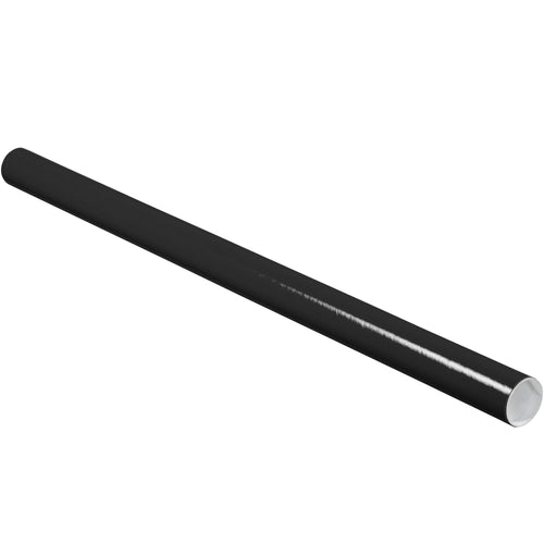 Heavy-duty 2x36 black mailing tubes designed for shipping blueprints, posters, documents, and architectural plans. Each tube features 3-ply spiral wound fibreboard construction with included white plastic end caps for secure sealing. Order by the case (50 tubes) for maximum cost-efficiency.