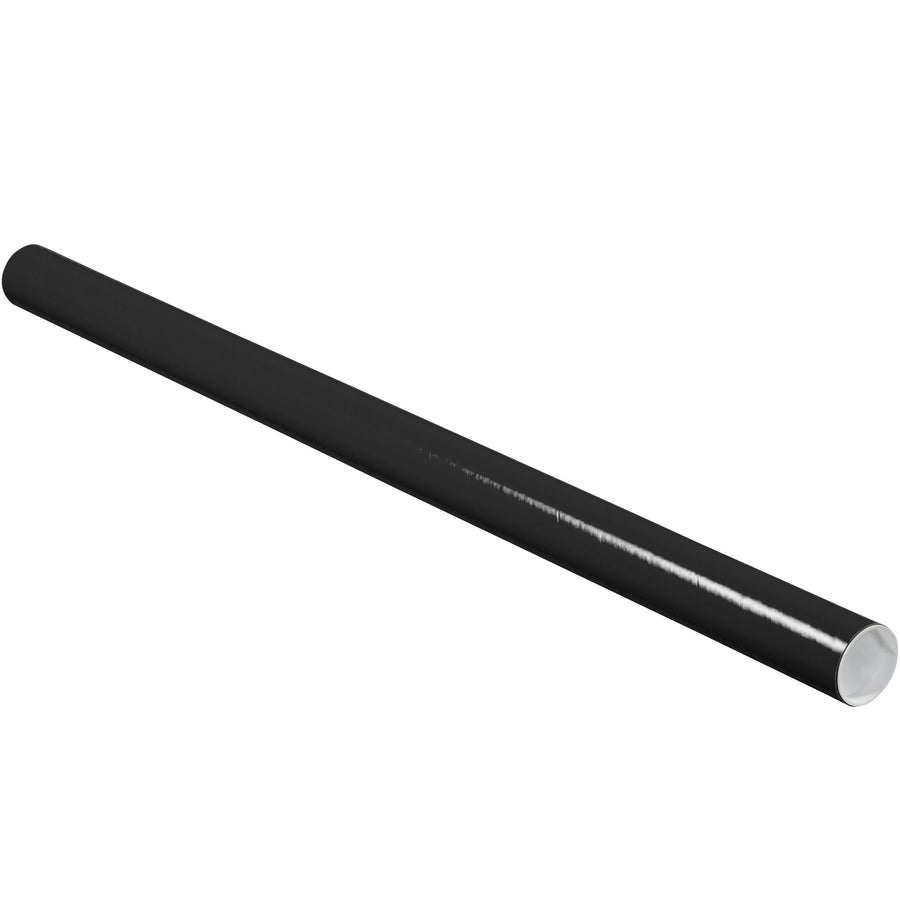 Heavy-duty 2x36 black mailing tubes designed for shipping blueprints, posters, documents, and architectural plans. Each tube features 3-ply spiral wound fibreboard construction with included white plastic end caps for secure sealing. Order by the case (50 tubes) for maximum cost-efficiency.