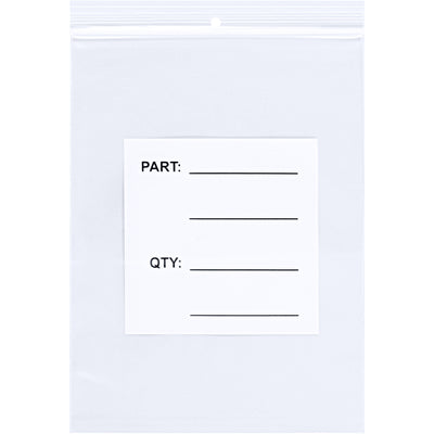 Heavy-duty 4 mil clear poly bags engineered for industrial parts storage and organization. Pre-printed white blocks ensure consistent labeling, while the integrated hang hole and strong single-track reclosable seal simplify inventory management across warehouses. Ships 1000 bags per case.