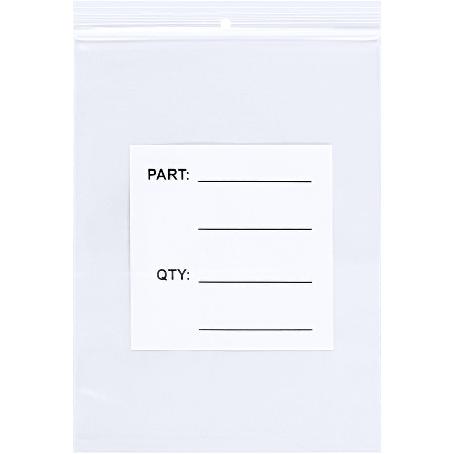 Heavy-duty 4 mil clear poly bags engineered for industrial parts storage and organization. Pre-printed white blocks ensure consistent labeling, while the integrated hang hole and strong single-track reclosable seal simplify inventory management across warehouses. Ships 1000 bags per case.