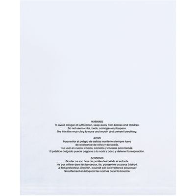 Protect your product and your liability with these 8x10" clear flat poly bags featuring bold suffocation warning text in English, Spanish, and French. Made from durable 2 mil LDPE polyethylene, each case contains 1,000 bags–the cost-efficient choice for high-volume packaging needs without compromising on safety compliance.