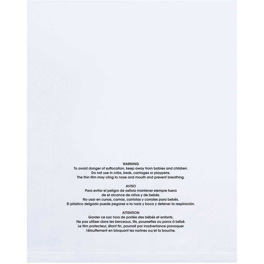 Protect your business and customers with compliant 18x24" 2 mil clear flat poly bags featuring printed suffocation warnings in English, Spanish, and French. Each case includes 500 durable LDPE bags ideal for food storage, product packaging, and industrial applications. Meet regulatory requirements while maintaining cost-efficiency.