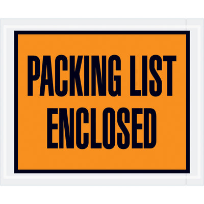 Full-face orange packing list enclosed envelopes protect critical shipping documents during transit. Pre-printed with "Packing List Enclosed" messaging on durable 2 mil poly material with hot melt adhesive backing for secure attachment to corrugated boxes and paper shipments. Case of 1,000 envelopes, 4.5" x 5.5" dimensions.