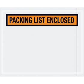 Heavy-duty orange "Packing List Enclosed" envelopes sized 4.5" x 5.5" with pre-printed messaging for fast document identification at the receiving dock. Made from 2 mil polyethylene with hot melt adhesive backing that sticks reliably to corrugated boxes and paper. Case of 1,000 envelopes–the efficient choice for high-volume shipping operations.