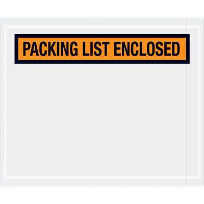 Heavy-duty orange "Packing List Enclosed" envelopes sized 4.5" x 5.5" with pre-printed messaging for fast document identification at the receiving dock. Made from 2 mil polyethylene with hot melt adhesive backing that sticks reliably to corrugated boxes and paper. Case of 1,000 envelopes‚the efficient choice for high-volume shipping operations.