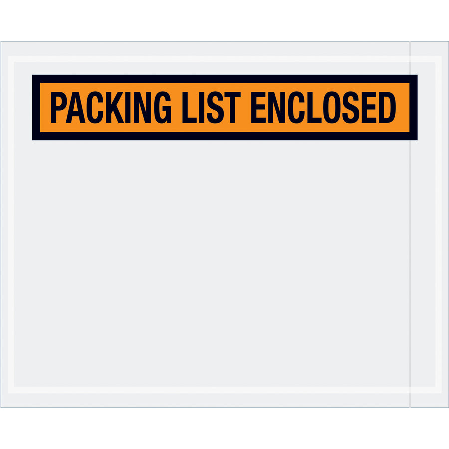 Heavy-duty orange "Packing List Enclosed" envelopes sized 4.5" x 5.5" with pre-printed messaging for fast document identification at the receiving dock. Made from 2 mil polyethylene with hot melt adhesive backing that sticks reliably to corrugated boxes and paper. Case of 1,000 envelopes‚the efficient choice for high-volume shipping operations.