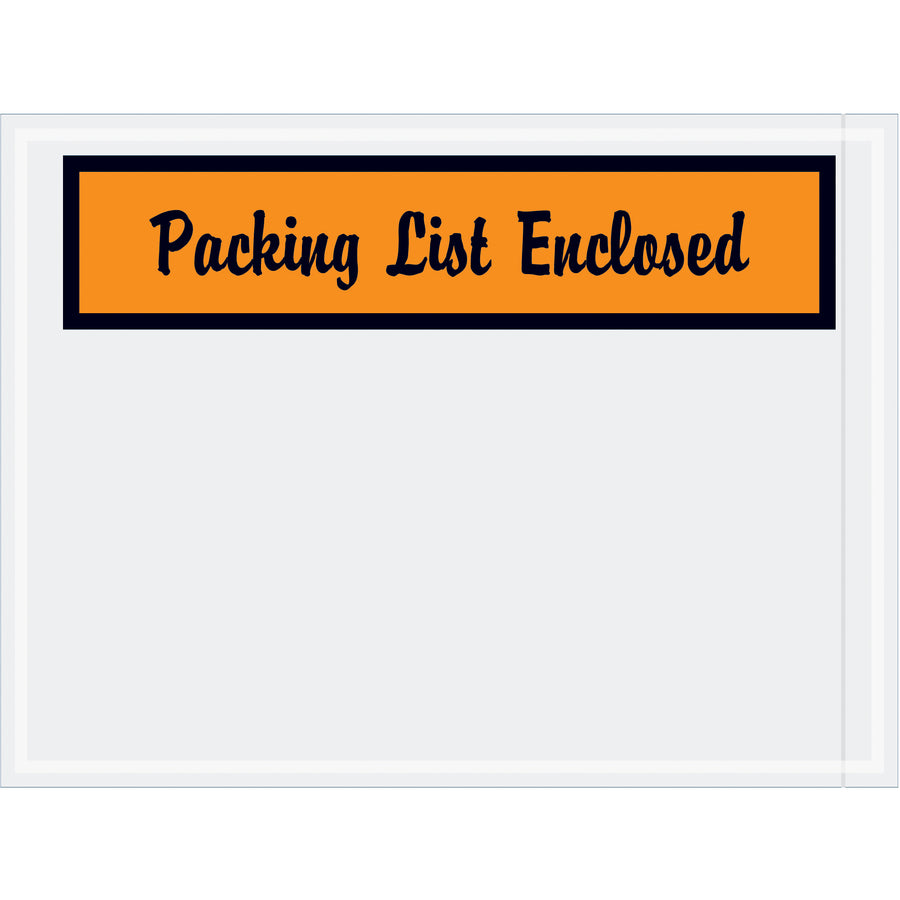 Protect your shipping documents with pre-printed 4.5x6" orange packing list envelopes featuring script-font messaging and heavy 2 Mil poly construction. Hot melt adhesive backing ensures strong, reliable adhesion to paper and corrugated surfaces. Sold as a case of 1000 units.